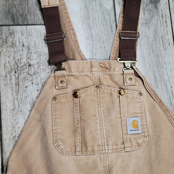Carhartt Brown Canvas Bib Overalls Double Knee 46 X 25 Distressed - Picture 2 of 16